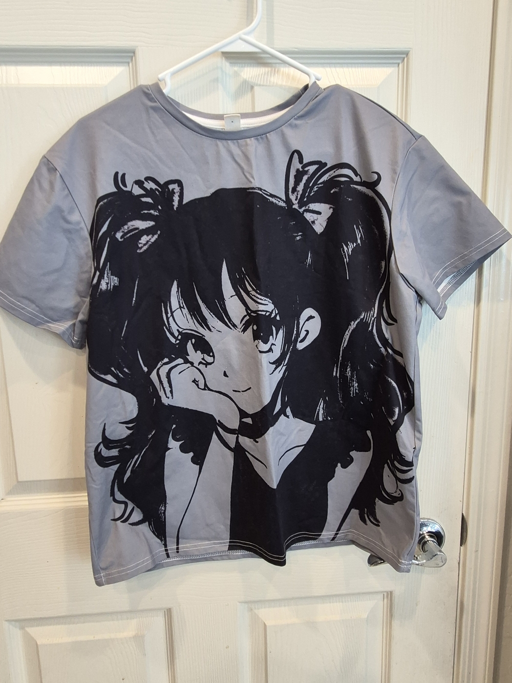 SHEIN Gray Short Sleeve Tee with Black Anime Girl Graphic